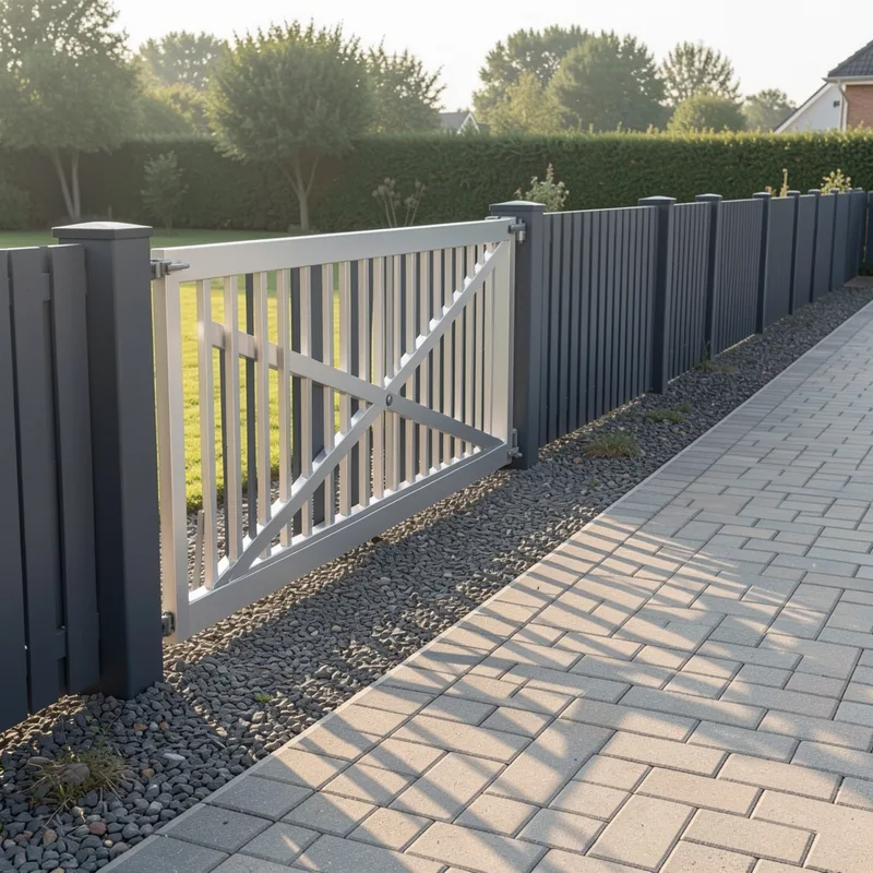 Portail coulissant aluminium ouvert le long d’une clôture, refoulement dégagé