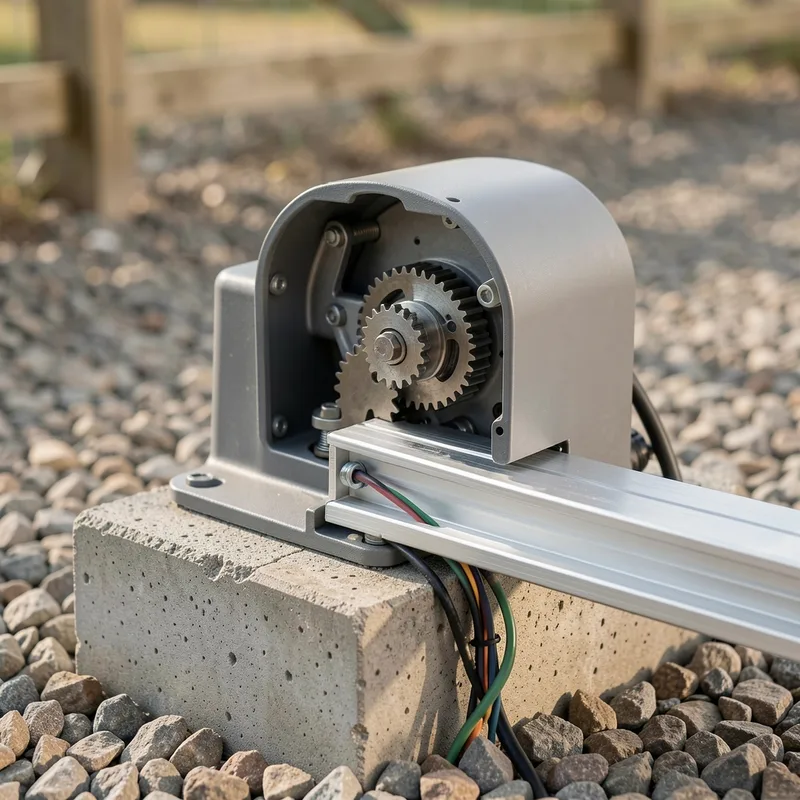 Moteur de portail coulissant à crémaillère avec carter ouvert et pignon visible