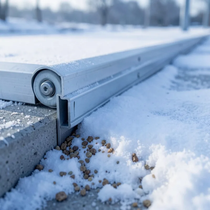 Rail de portail coulissant partiellement enneigé au ras du sol en hiver