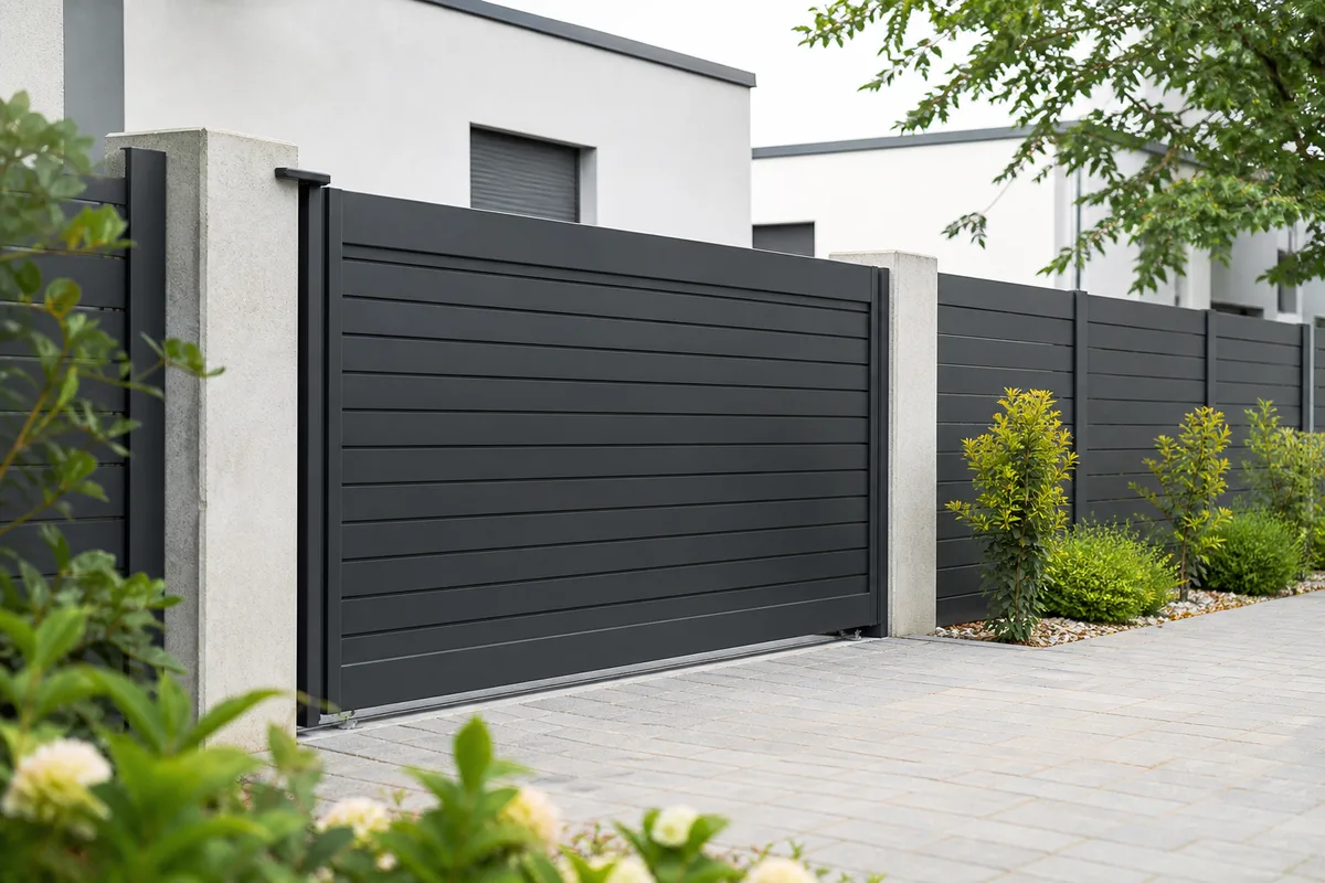 Portail aluminium anthracite aligné sur une clôture rigide de même teinte
