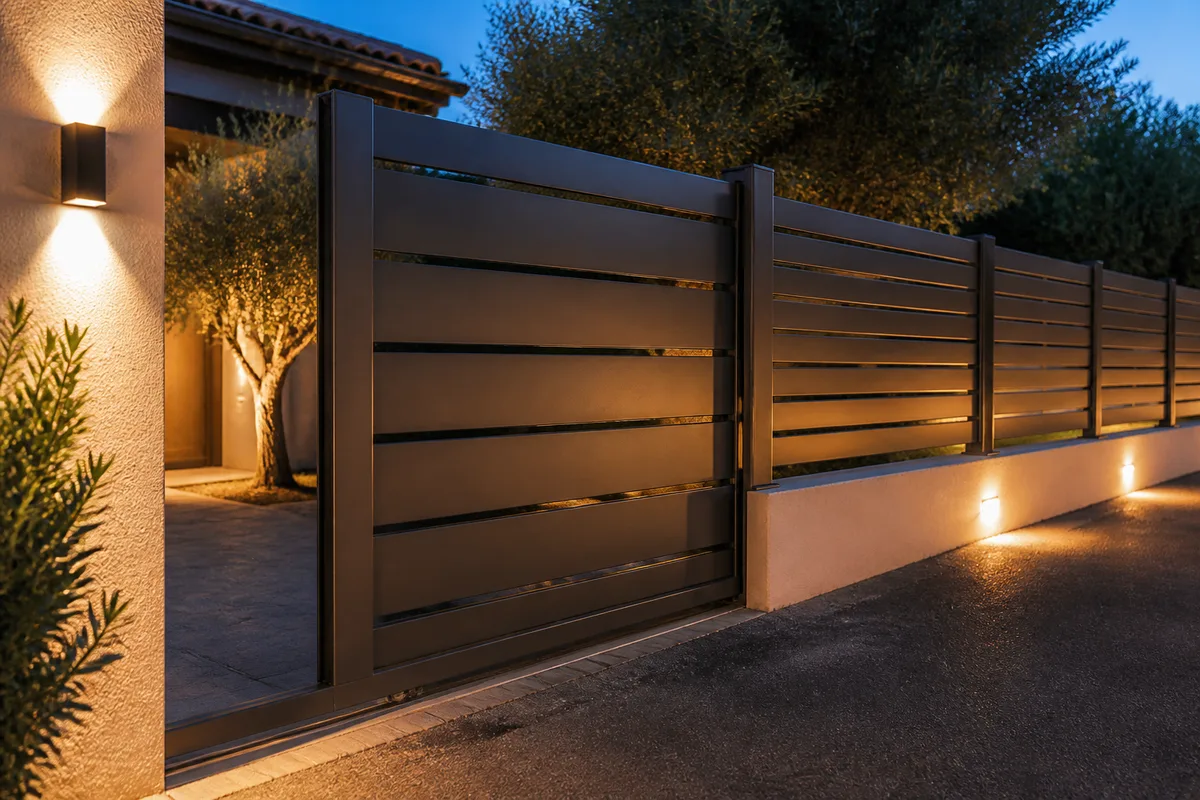 Portail coulissant en aluminium avec refoulement le long de la clôture