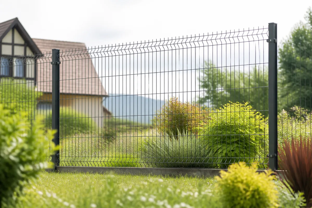 Panneau de grillage rigide anthracite tendu entre deux poteaux dans un jardin alsacien