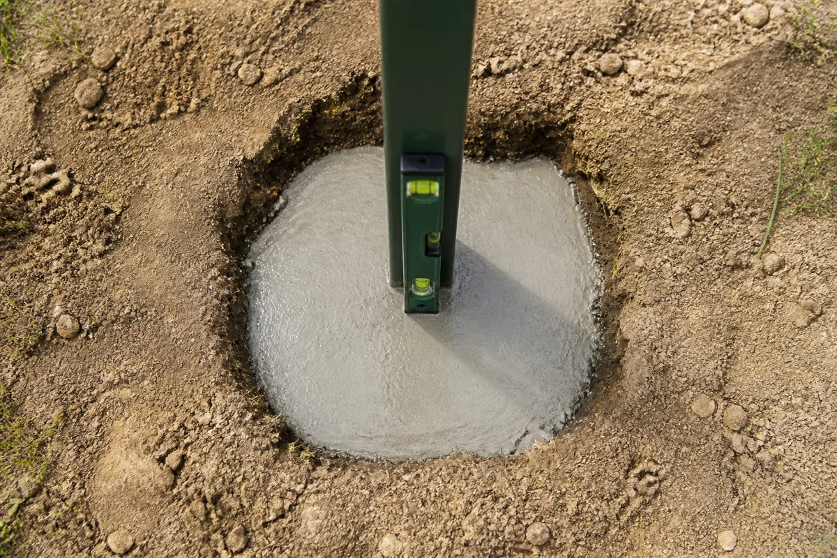 Poteau de clôture rigide maintenu d’aplomb dans son plot de béton frais